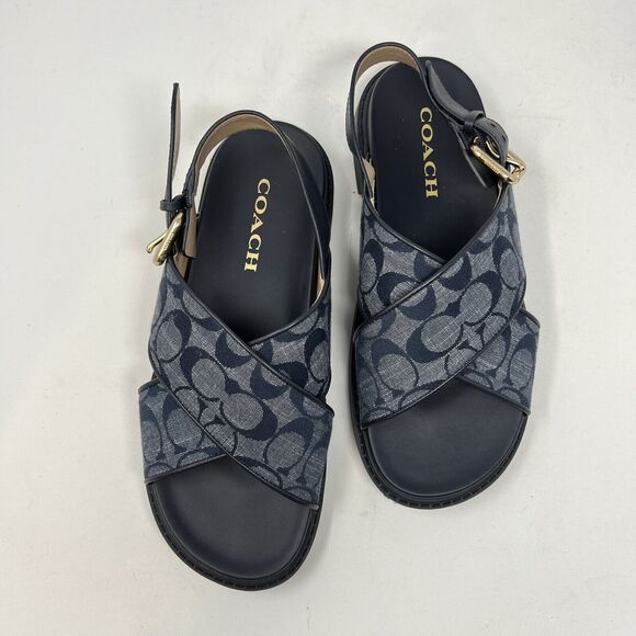 EUC Coach Fraser Chambray Signature Jacquard Sandal size US 8 MIDNIGHT NAVY - Picture 1 of 9